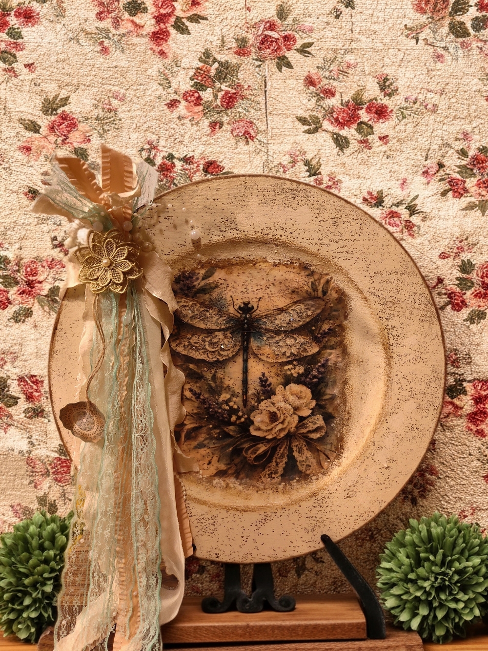 Handcrafted Dragonfly Floral Decorative Plate in Cream and Tan